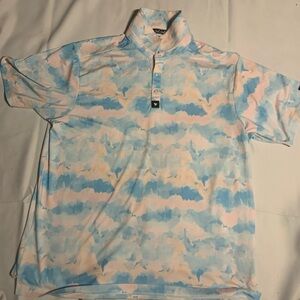 Bad Birdie Men's Patterned Polo Shirt in Light Blue & Pink